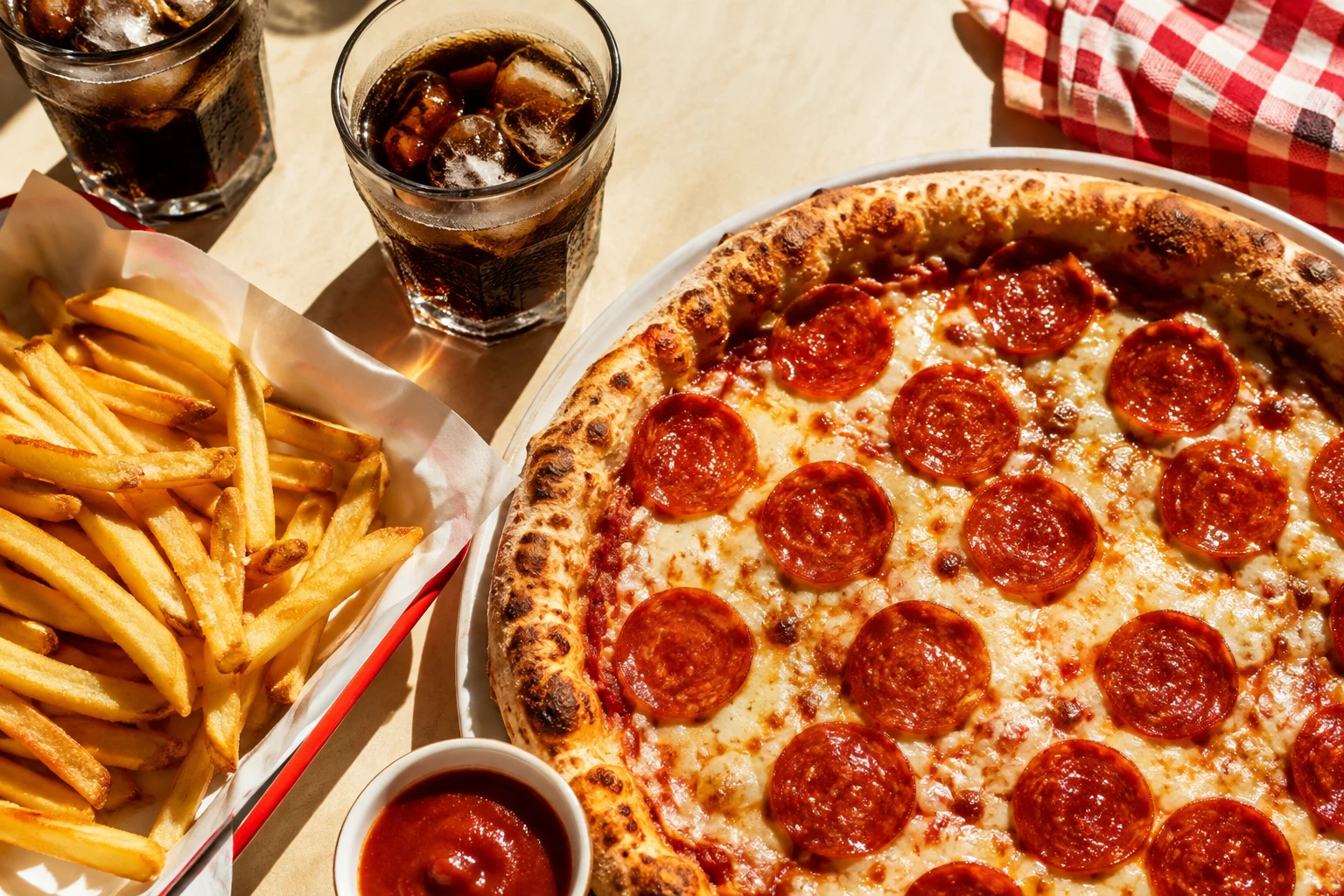 Pizza e batatas fritas na mesa de uma lanchonete